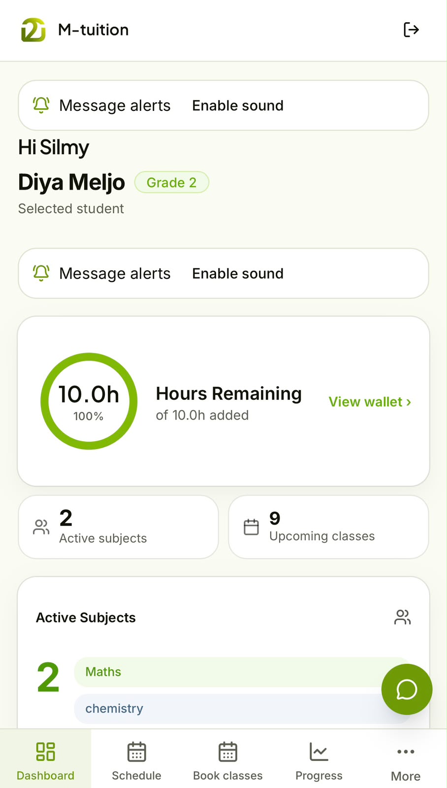 M-tuition Learning App showing tuition hours, active subjects and upcoming classes