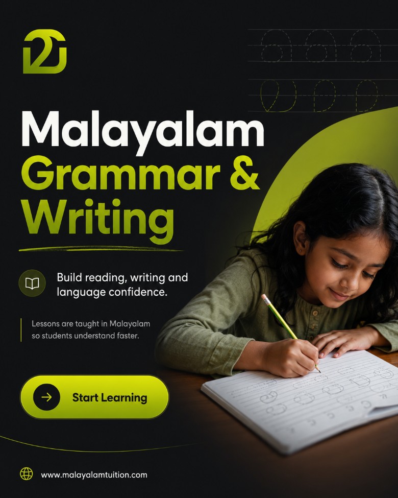 Student learning Malayalam grammar and writing with MalayalamTuition.com